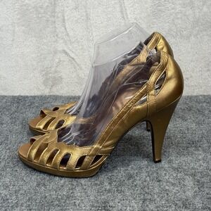 BCBGirls Shoes Womens Size 11 Gold Leather Strappy Open Toe Stiletto Heel Pump